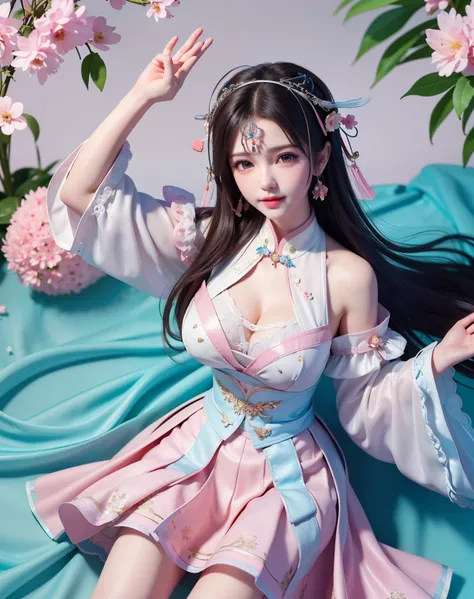 (8k, RAW photo:1.2), best quality, ultra high res,dramatic angle,(fluttered detailed color splashs), (illustration),(((1 girl))),(long hair),(rain:0.9), (Headdress:1.4),There is an ancient palace beside the girl,qipao dress,(Key Points),Color ink painting,...