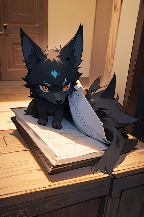 ((best quality)), ((masterpiece)), (detailed), small cute wolf, magical, black fur, inside home, magical markings