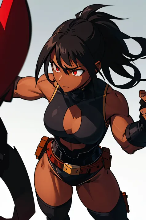 Dark-skinned woman with red eyes, fairly long black hair with a ponytail, strong body and somewhat large thighs and chest, wearing a black and gray hero costume Sleeveless, up to the neck with black stockings with Black with gray, brown gloves and a belt, ...