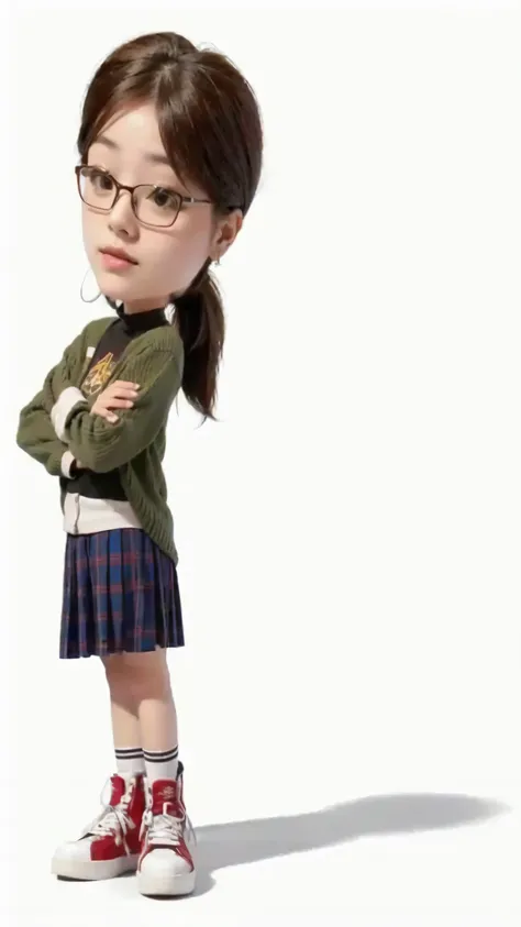 a girl with a ponytail, in a checkerprint red and blue skirt, green sweater, red and white shoes and glasses standing with her arms crossed