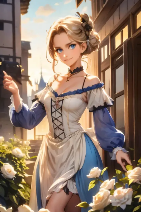 village realisticlying、Virginia Otis 15-year-old blonde hair blue eyes、City of victorian age, Europe. aristocrat girl、Looking up from below、 wear long sleeve sheer fabric dress、Various dynamic  sexy poses、Face smile、cute face, Depicts the whole body、