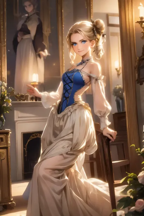 village realisticlying、Virginia Otis 15-year-old blonde hair blue eyes、City of victorian age, Europe. aristocrat girl、Looking up from below、 wear long sleeve sheer fabric dress、Various dynamic  sexy poses、Face smile、cute face, Depicts the whole body、