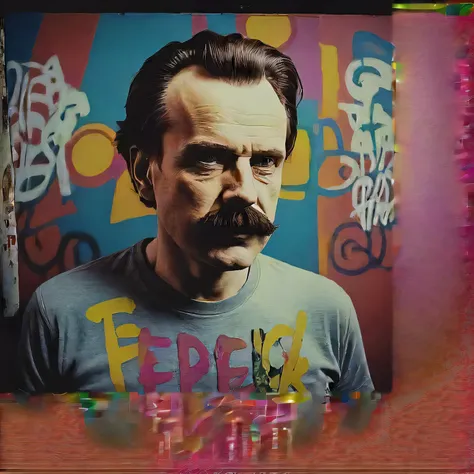 hay un hombre con bigote y  en una camisa, Kenny Scharf, inspirado en Jacek Andrzej Rossakiewicz, Retrato CMYK, endre penovác, Beeple y Jean Giraud, inspirado en Ron Inglés, él tiene un gran bigote francés, inspirado en David Begbie, retrato en color