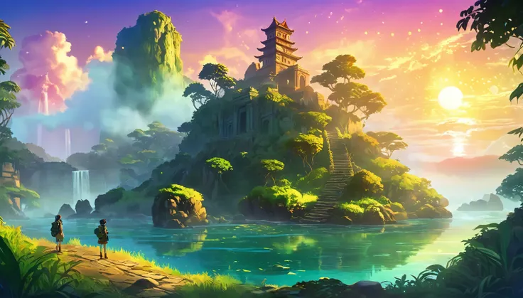 Mysterious island with lush vegetation and ancient ruins at sunset. A group of researchers in various equipment in the foreground, ready for adventure. светящиеся артефакты и shimmering treasures, attention-grabbing. Warm golds and greens, emphasizing the ...