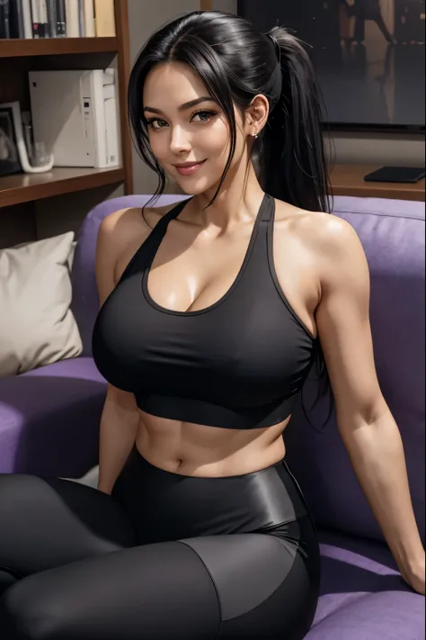 Woman, Black Hair, Long HAir, Ponytail, Very Large Breasts, Black Leggings, Purple Sports Bra, Woman (Sitting on Couch) Smiling, Sweaty, 