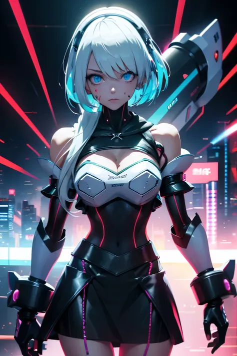 android girl,white hair,short and messy hair, purple neon eyes, holding a chain whip,chains on the hands,chains action, chains a...