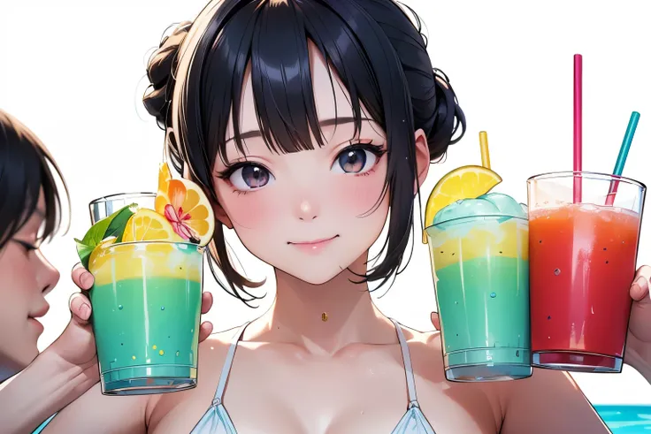 (Party by the pool:1.2)、(Fun atmosphere、Lively:1.2)、(3 people:1.4)、Beautiful Japanese Woman、(3 peopleの女性)、20-year-old、(whole body)、((Tropical Drinks、juice、Holding a soft serve ice cream))、(Detailed depiction of a beautiful face)、(Happy smile)、Small breasts...