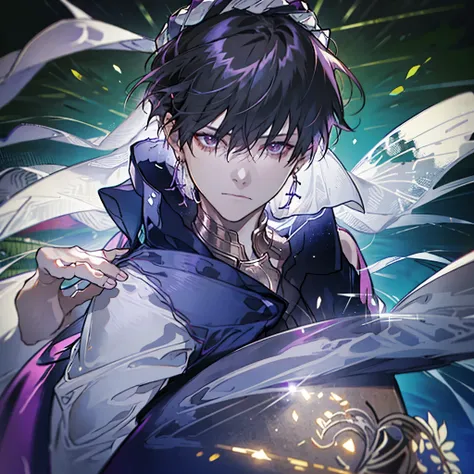 A man with dark purple hair and a chic expression