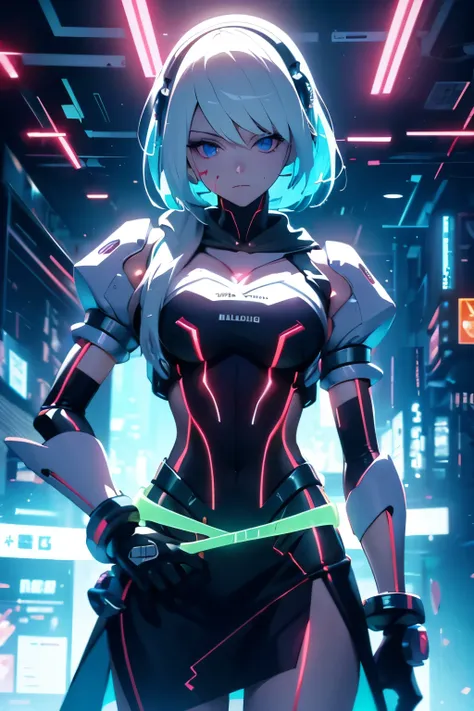 android girl,white hair,short and messy hair, purple neon eyes, holding a chain whip,chains on the hands,chains action, chains a...