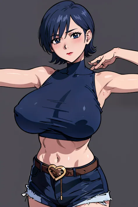 (beautiful detailed eyes, beautiful detailed hair, perfect detailed body), mikictr, 1girl, solo, black eyes, short hair, closed mouth, lipstick, blush, sagging huge breasts, crop top, no bra, midriff, navel, upper body:1.5, standing, belt, blue short short...