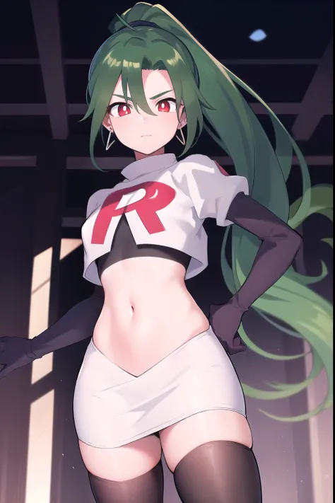 absurdres, best quality, 1girl, solo, eye focus, looking at viewer,  rika, ahoge, ponytail, bright pupils, white pupils, earrings, green hair, red eyes, bright pupils, team rocket,team rocket uniform,white skirt,red letter R,crop top,black thigh-highs,blac...