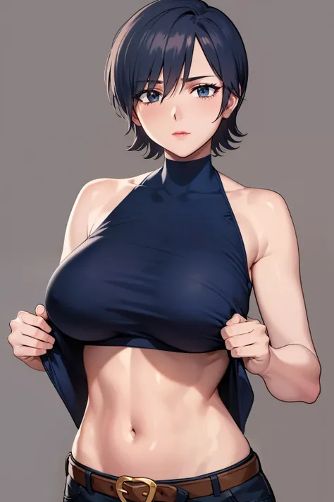 (beautiful detailed eyes, beautiful detailed hair, perfect detailed body), mikictr, 1girl, solo, black eyes, short hair, closed mouth, lipstick, blush, sagging large breasts, crop top, no bra, midriff, navel, upper body:1.5, standing, belt, blue short shor...