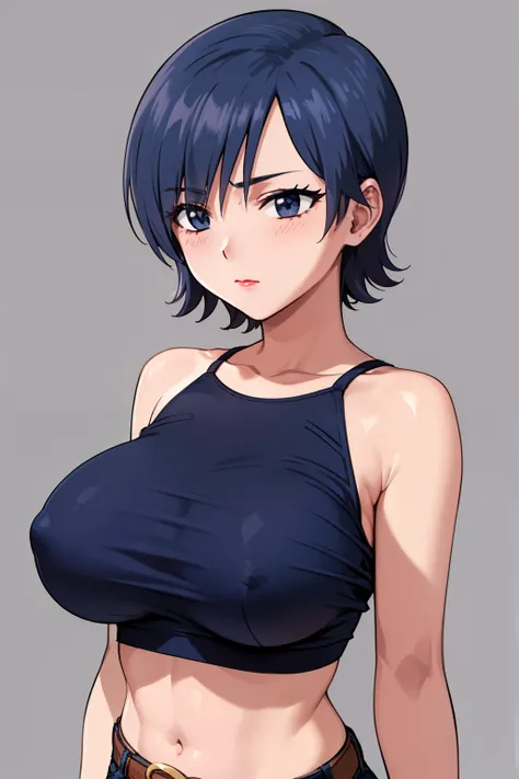 (beautiful detailed eyes, beautiful detailed face, perfect detailed body), mikictr, 1girl, solo, black eyes, short hair, closed mouth, lipstick, blush, large breasts, crop top, no bra, midriff, navel, upper body:1.5, standing, belt, blue short shorts, simp...