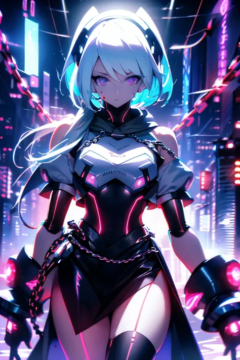 android girl,white hair,short and messy hair, purple neon eyes, holding a chain whip,chains on the hands,chains action, chains a...