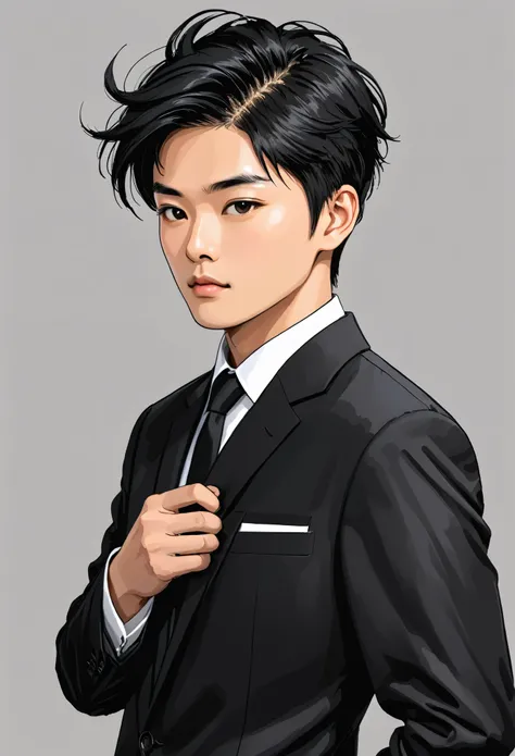 black suit、black hair、short hair、asian、male、brush your hair up、simple background