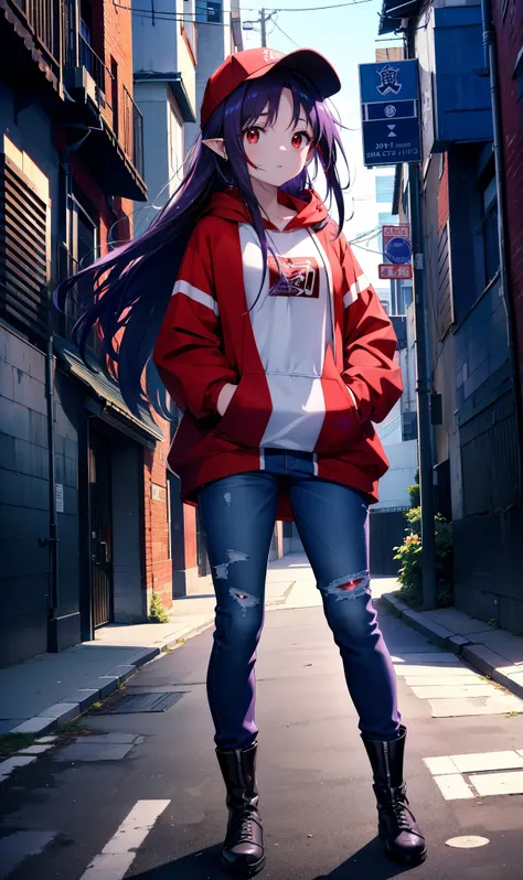 yuukikonno, Konno Yuuki,  Long Hair, Pointed Ears, Purple Hair, (Red eyes:1.5), (Small breasts:1.2), Open your mouth,Baseball hats,Oversized purple hoodie,jeans,Thick hem,boots,Walking,Graffiti wall,Daytime,Clear skies,Both hands are in the pockets of the ...