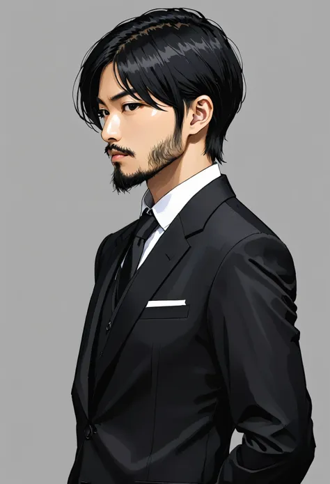 black hair、asian、black suit、profile、upper body、simple background、beard、all back、male