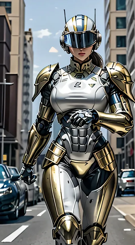 Female Robocop Solo、Bright outdoors、strong light source、8K, high quality, masterpiece, 最high quality, Crisp contrast、Very detailed、Full body armor、Very large armor、Helmet covering the head、Clear photos、His eyes are hidden by thin straight goggles:1.3、The l...