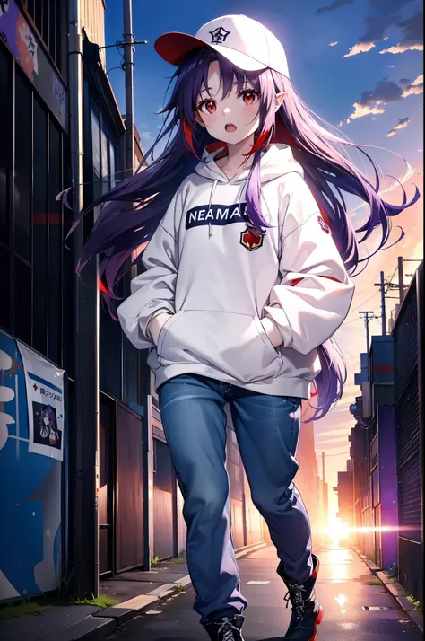 yuukikonno, Konno Yuuki,  Long Hair, Pointed Ears, Purple Hair, (Red eyes:1.5), (Small breasts:1.2), Open your mouth,Baseball hats,Oversized purple hoodie,jeans,Thick hem,boots,Walking,Graffiti wall,Daytime,Clear skies,Both hands are in the pockets of the ...