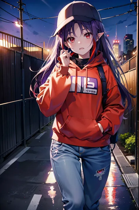 yuukikonno, Konno Yuuki,  Long Hair, Pointed Ears, Purple Hair, (Red eyes:1.5), (Small breasts:1.2), Open your mouth,Baseball hats,Oversized purple hoodie,jeans,Thick hem,boots,Walking,Graffiti wall,Daytime,Clear skies,Both hands are in the pockets of the ...