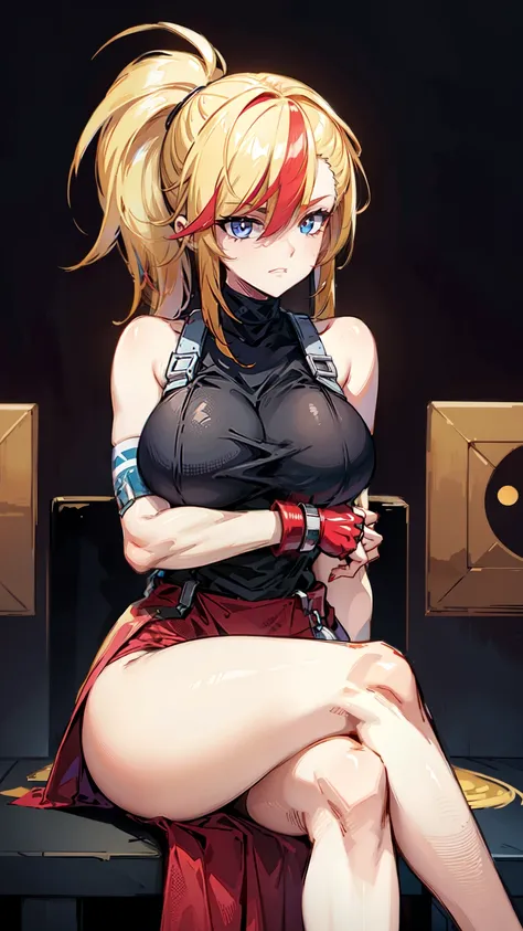 she is back, insane smile,(masterpiece, best quality:1.2)blonde, , red glowing eyes, red eyes, the eyes are red, perfect face, strong make up, sherp eyes, highres, 1 girl, ultra long ponytail, (female:1.5),red longskirt, strife, blonde and red hair streake...