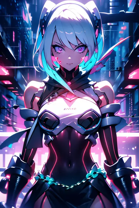 android girl,white hair,short and messy hair, purple neon eyes, holding a chain whip,chains on the hands,chains action, chains a...