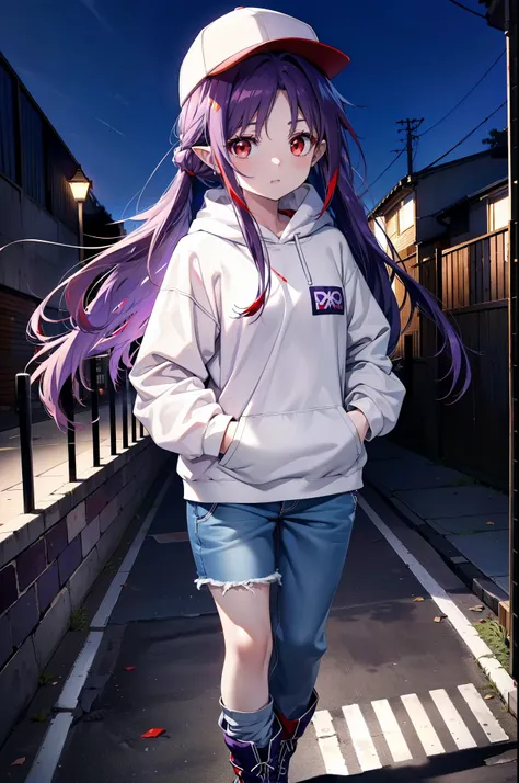 yuukikonno, Konno Yuuki,  Long Hair, Pointed Ears, Purple Hair, (Red eyes:1.5), (Small breasts:1.2), Open your mouth,Baseball hats,Oversized purple hoodie,jeans,Thick hem,boots,Walking,Graffiti wall,Daytime,Clear skies,Both hands are in the pockets of the ...