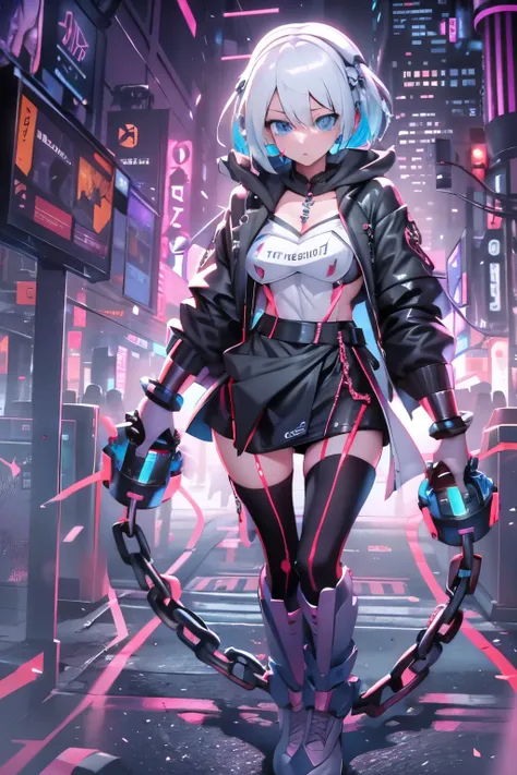 android girl,white hair,short and messy hair, purple neon eyes, holding a chain whip,chains on the hands,chains action, chains a...