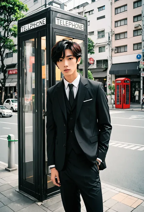 Telephone booth、male、Black Suit、２２age、