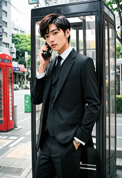 Telephone booth、male、Black Suit、２２age、