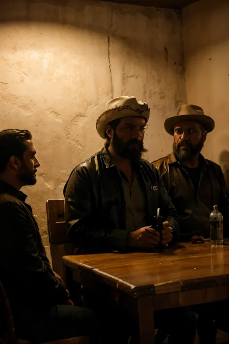 three bearded man in his 50s wearing palm hat with a shotgun in a town in hidalgo, mexico. sitting in a cantina with several fri...