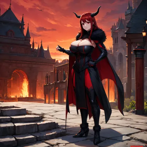 A woman wearing heavy black armor with ruby ​​detailing, black metal bracelet, black metal boots, wearing a horned helm, large breasts, long black fur cape, red auburn hair, ruby ​​red eyes, holding a sword red with ruby, standing upright, red aura, red li...