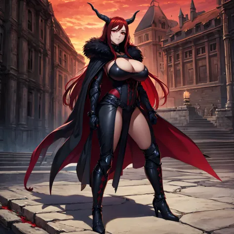 A woman wearing heavy black armor with ruby ​​detailing, black metal bracelet, black metal boots, wearing a horned helm, large breasts, long black fur cape, red auburn hair, ruby ​​red eyes, holding a sword red with ruby, standing upright, red aura, red li...