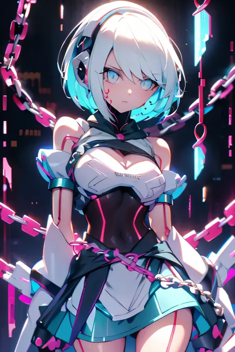 android girl,white hair, short and messy hair, purple neon eyes, holding a chain whip,chains on the hands, chains around her arm...