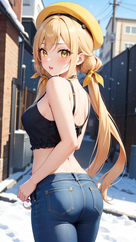 masterpiece, best quality, highly detailed, ultra high res, ayase arisa, karane inda 1girl, solo, long hair, bangs, blonde hair, twintails, very long hair, hair ribbon, (yellow eyes:1.3), low twintails, beret, glossy lips, full lips, city, winter, snow, ha...