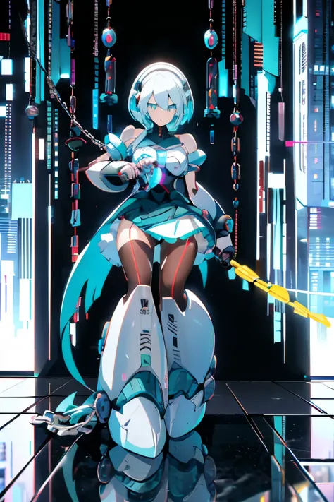 Android Girl,white hair, short and messy hair, Reploid, purple neon eyes, Holding a chain whip, chains around her arm and falling down on the floor, very cute, skirt, white blouse, long boots, 