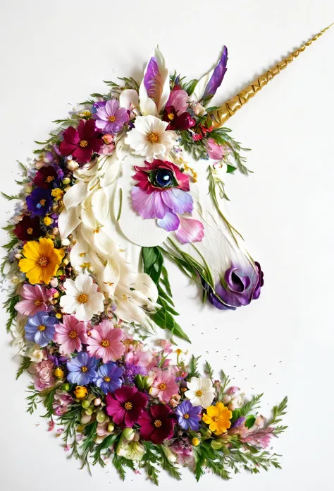 Masterpiece, best quality, very detailed, Fall Leaf Crafts, a unicorn made of flowers, Cosmos flower、Portrait, White background