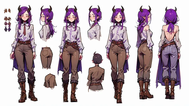 (Masterpiece, best quality), detailed, 1girl, ((character concept art)), ((character design sheet, same character, front, side, back)), many items, (Tiefling Girl, purple hair, purple skin, purple horns, flat chest, in a white linen shirt and gray-brown pa...