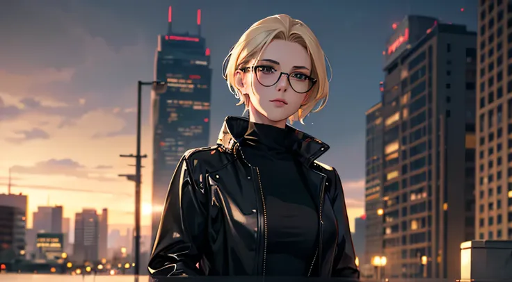 a handsome women with short blonde hair, green eyes, hairstyle with hair slicked back, in a beautiful cityscape background, (best quality,4k,8k,highres,masterpiece:1.2),ultra-detailed,(realistic,photorealistic,photo-realistic:1.37),portrait,cityscape,cinem...