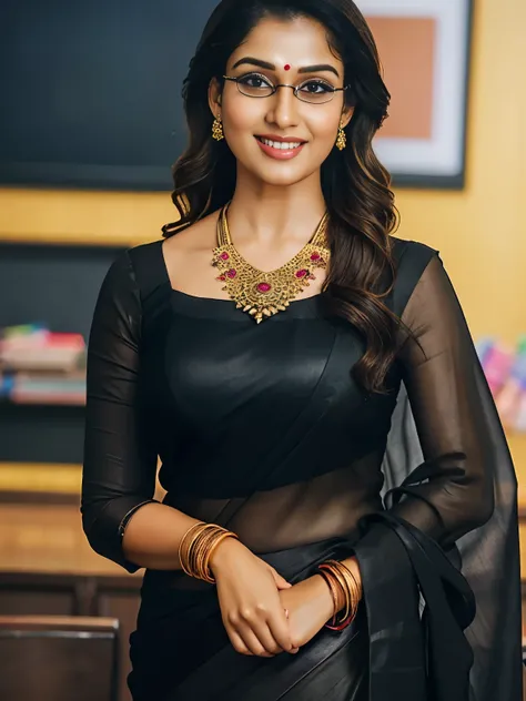 middle aged Tamil woman, hourglass figure, Divinely beauty, cute and innocent face, smiling eyes, thick nerdy specs, glossy red lips, standing in a classroom, long hair, (wearing:1.6 black transparent saree, black full sleeve blouse, blacklong skirt), gold...