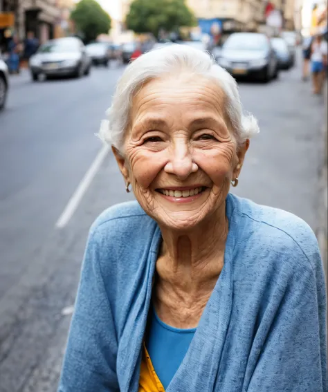 closeup of smiling old woman, city street, daytime, street traffic, asphalt