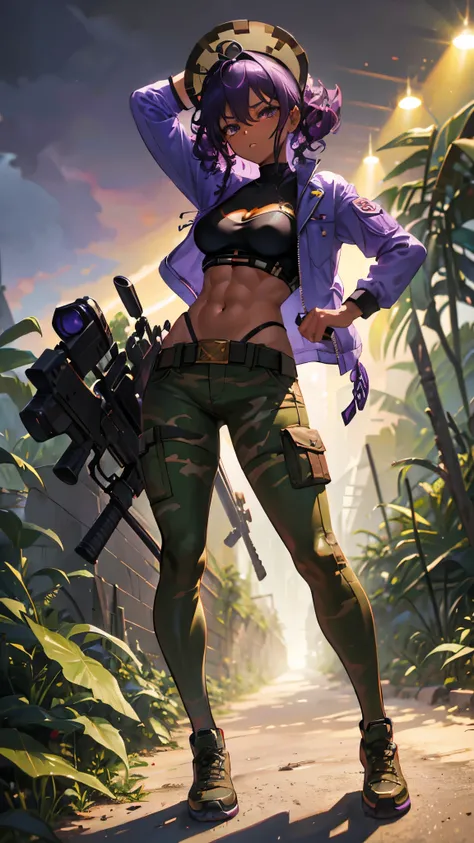 woman, mocking pose, bullet belt crossing her torso, carries a rifle on her back, camouflage pants, purple hair, broken muscles, dark skin, curly hair, lolita body, small breasts, Amazon jungle background, high definition , rtx lighting, full body focus, b...