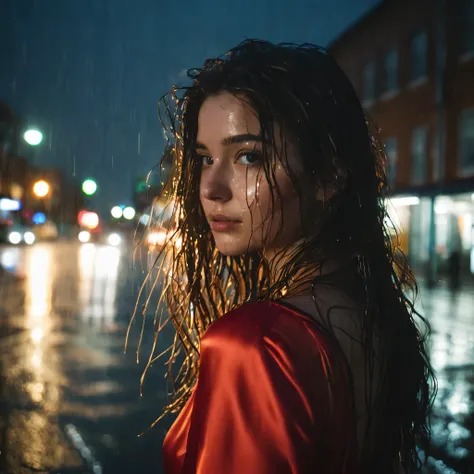 1 girl,standing alone,long hair,rough skin,off trás,Facial Focus,(gazing at viewer:1.2),hair wet,tenebrosa,Polaróioff,(profundidaoff_off_fild:1.5),rainy days,plein-air,Street,hair between the eyes,moody lighting,Tyndall effect,cinematic lighting,natta,post...