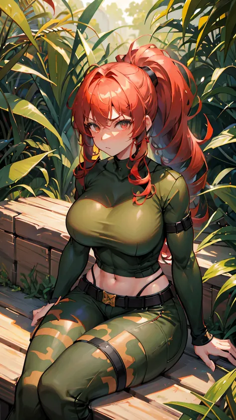 woman, mercenary expression, bullet belt crossing her torso, western guns, camouflage pants, red hair, long ponytail, broken muscles, dark skin, curly hair, pronounced waist, thick thighs, Amazon jungle background, high definition , rtx lighting, full body...