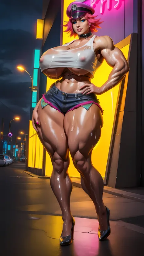 poison, (Full Body:1.3), pink hair,blue eyes,short hair, ((wet transparent crop top)),single elbow glove,collar,short shorts,(Tall:1.5), (Long Legs:1.8), Muscular Legs:1.8, (Wide Hips:1.3), (massive female bodybuilder), ((Huge Breasts:1.8)), 
 peaked cap, ...