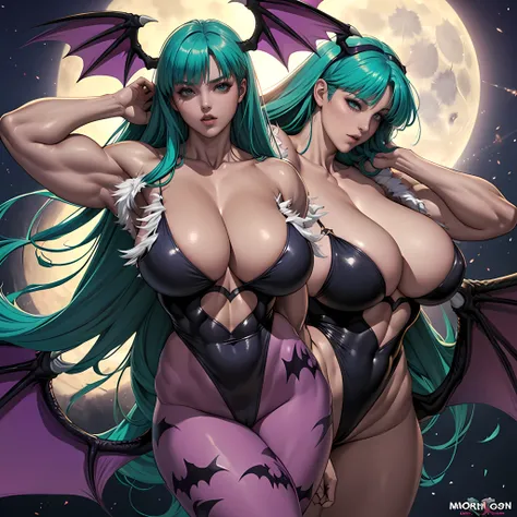 (Morrigan Aensland detailed line art, dark stalker), (Massive Female Bodybuilder), (huge breasts), attractive expression, golden glowing eyes, dark eyeshadow, moonlight, symmetrical, (Dutch angle)