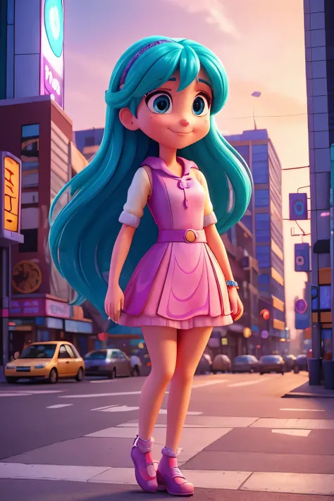 In the heart of a vibrant cityscape, a three-dimensional rendered cartoon woman named Sara is captured under the soft glow of a neon sign. She is dressed in a stylish, colorful outfit that shimmers and sparkles, accentuating her graceful figure. Sara is st...