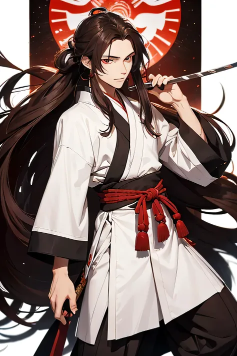 Demon slayer. A 19 year old man with long brown hair in a half pony tail. The hair is down to his waist and he has red eyes. Also, he wears a plain white haori which is coverd in transparent patches. He is wearin okobos from the taisho era.