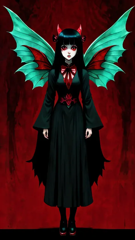 tomie from junji ito, she has wings and two faces, she is a phantom fairy, colors red and black, full body portrait, fantasy sty...