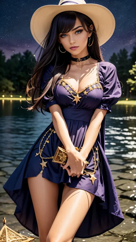 girl, located in the corner, looking at the sky, solo, Mona (Genshin Impact), choker, hair between eyes, star (symbol), long hair, dark purple hair, twintails, blue eyes, shining eyes, jewelry, witch, maid, bangs, purple black dress, purple skirt, panties ...